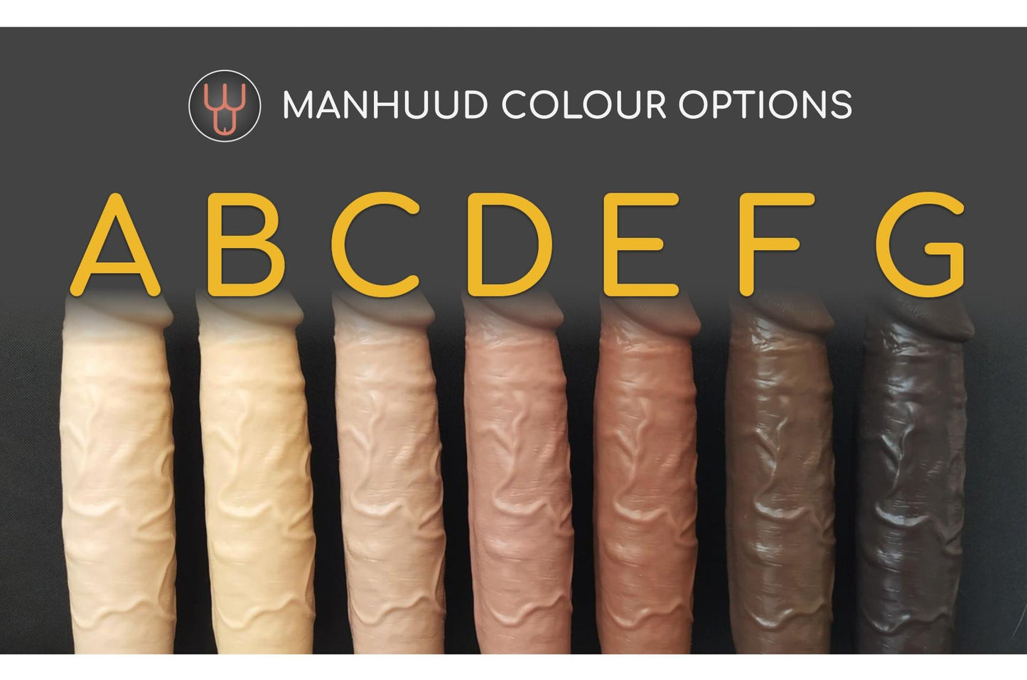 MANHUUD silicone penis sleeves in seven color options labeled A to G, under the text "MANHUUD COLOUR OPTIONS