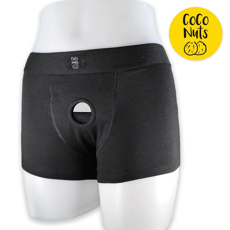 Black Coco Nuts underwear with an O-ring pocket, displayed on a white mannequin