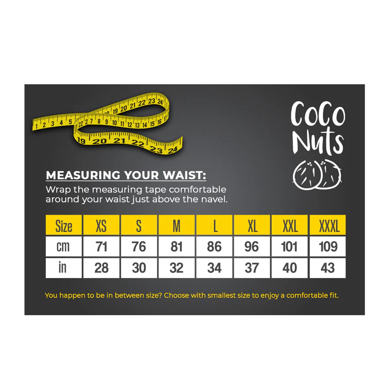 Coco Nuts size chart for waist measurement in cm and inches from XS to XXXL, with measuring instructions