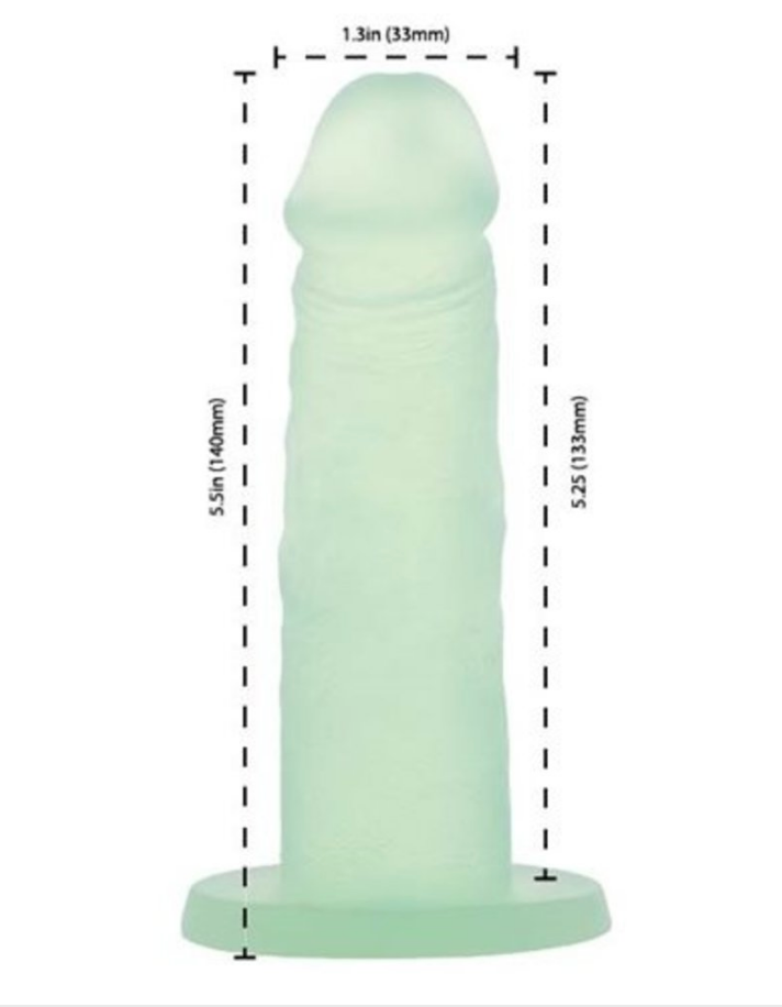 Green dildo with measurements: 5.5 inches long, 1.3 inches diameter, and 5.25 inches insertable length