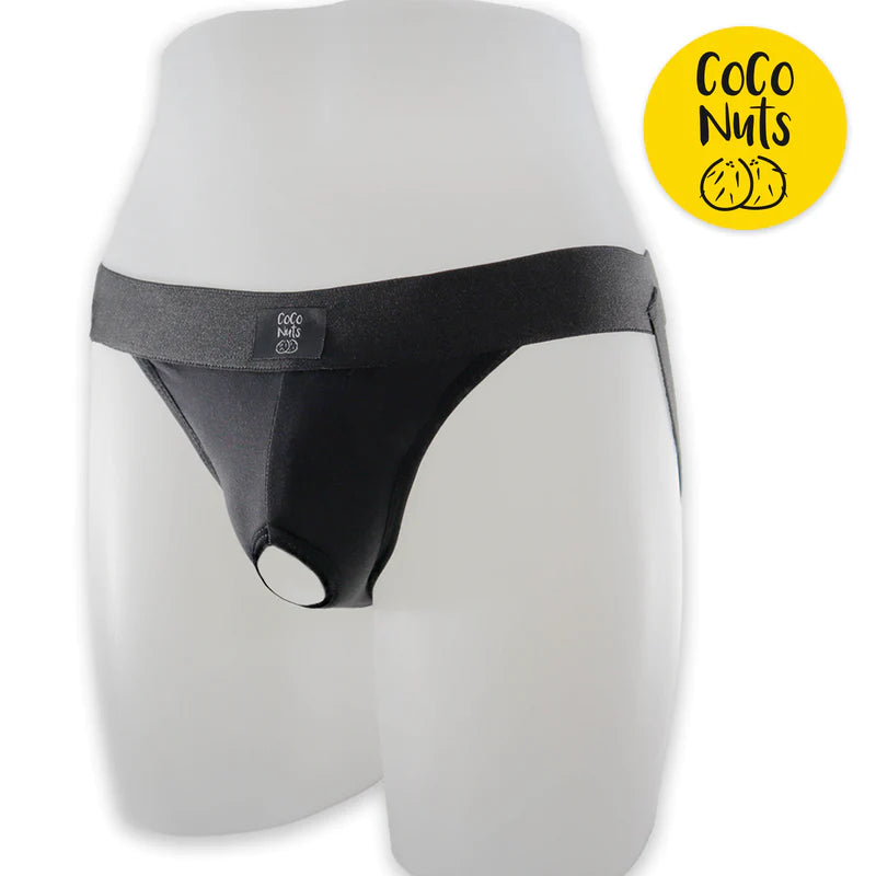 Black Coco Nuts jockstrap with an O-ring, displayed on a white mannequin