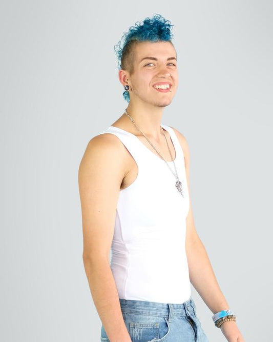 Model wearing white chest binder tank