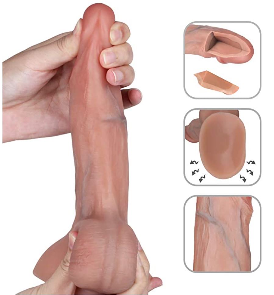 Hands holding a realistic, flesh-toned silicone dildo, with close-ups of its interior, suction cup, and texture