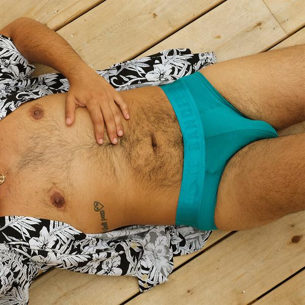 Model Wearing Aqua Mono Briefs by Cake Bandit