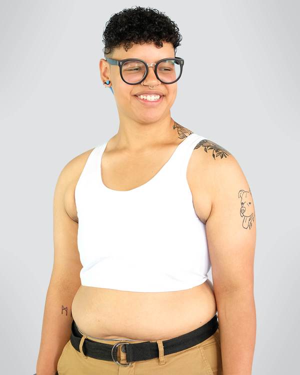Model wearing Mid Chest BInder