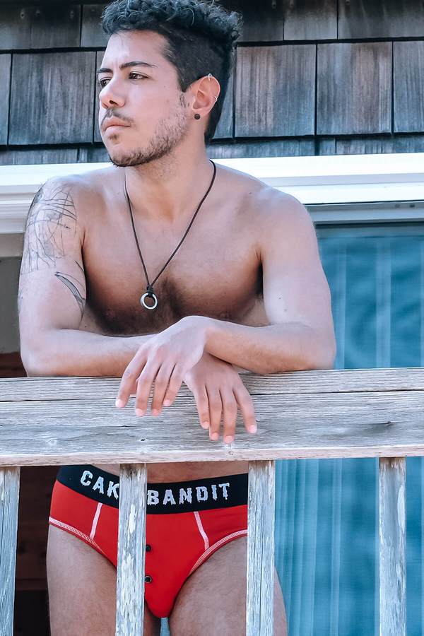 Model wearing Red Cake Bandit Briefs
