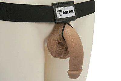 Mannequin wearing an Aslan harness with a realistic prosthetic penis attached
