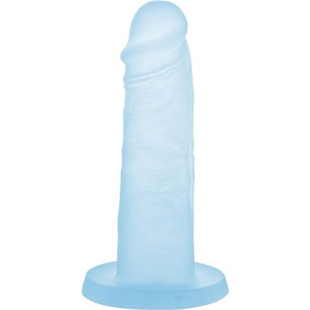 Light blue dildo with a smooth surface and rounded base, featuring a realistic tip and subtle texture