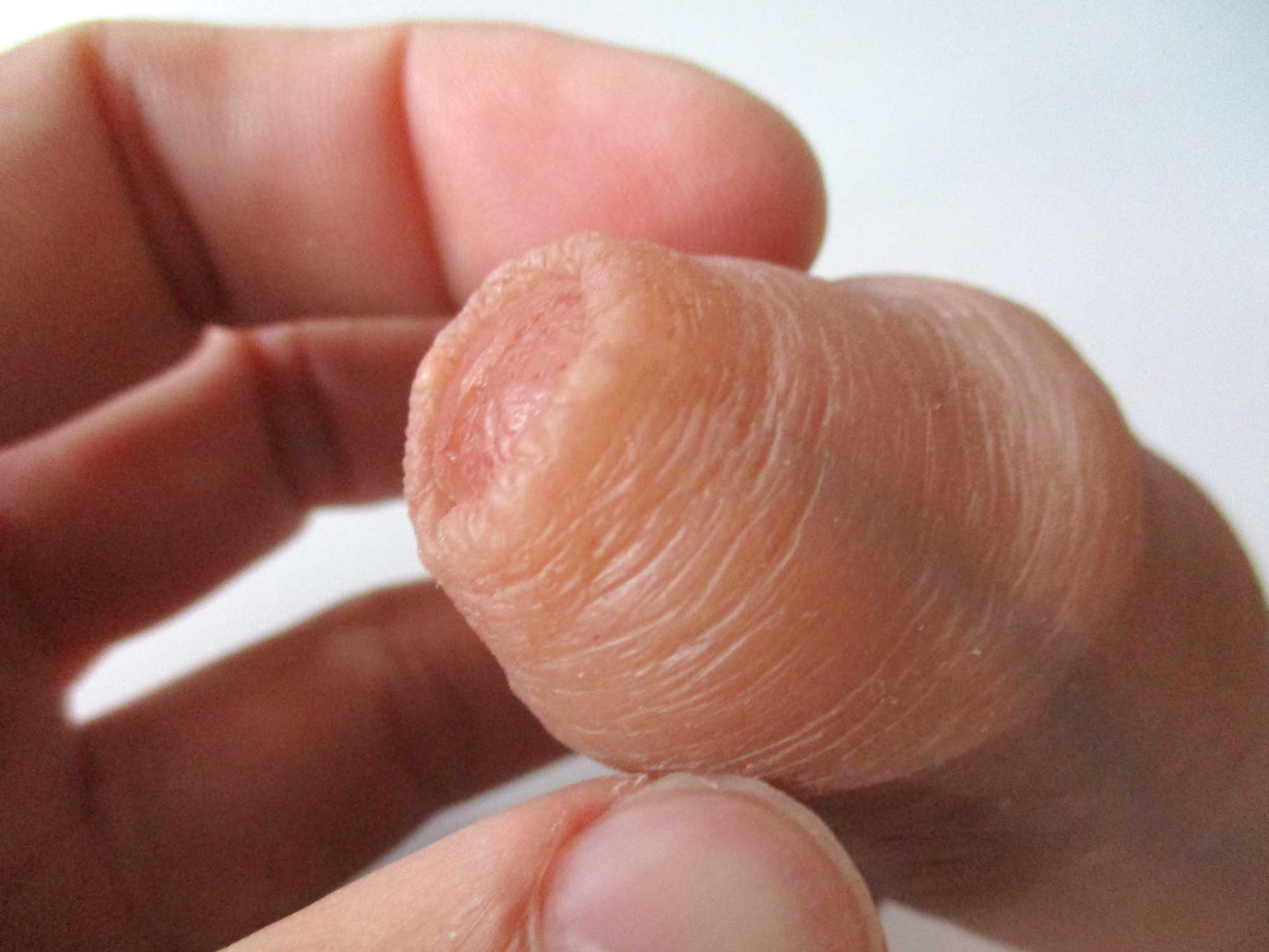 Close-up of a hand holding the tip of a realistic, flesh-toned silicone dildo, showing its texture and detail