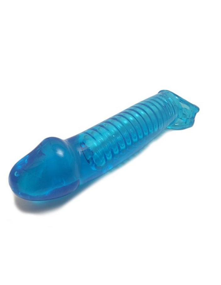 A blue, transparent, penis-shaped silicone toy with a ridged interior, lying on a white surface