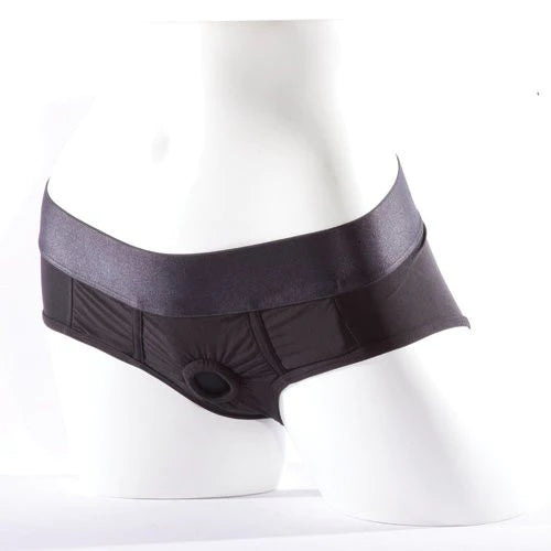 A mannequin wearing black underwear with an O-ring in the front