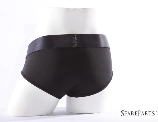 Back view of a mannequin wearing black SpareParts underwear