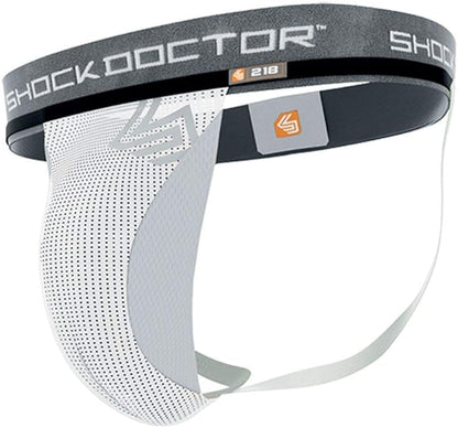 Shock Doctor athletic supporter with a grey waistband and breathable mesh pouch for comfort and support