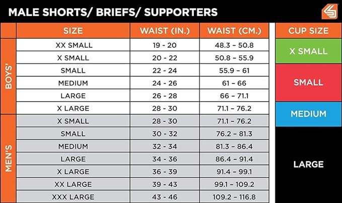 Size chart for Shock Doctor male shorts, briefs, and supporters, listing waist sizes in inches and centimeters