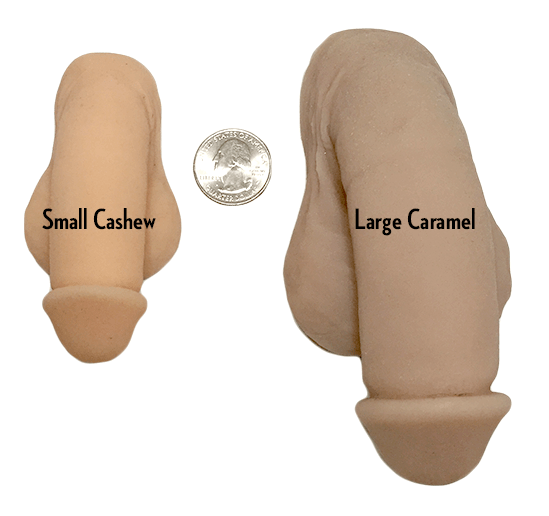 Small cashew and large caramel packers compared to the coin