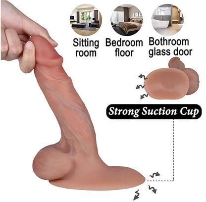 A realistic dildo with a strong suction cup base, suitable for use in the sitting room, bedroom floor, or bathroom glass door