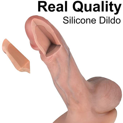 A realistic, flesh-toned silicone dildo with an open interior and the text "Real Quality Silicone Dildo."