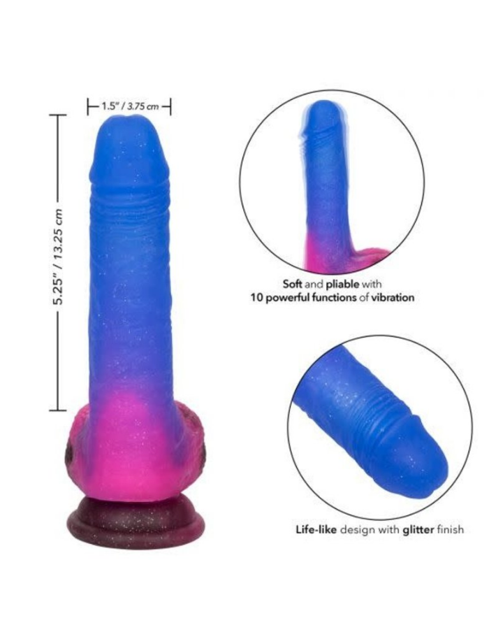 Ombre dildo with blue shaft and pink base, measuring 5.25 inches long and 1.5 inches in diameter, with glitter finish